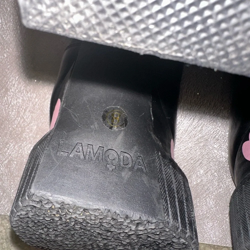 LAMODA Black Platform Mary Janes chunky Heels Pink Hearts 8 punk goth academia